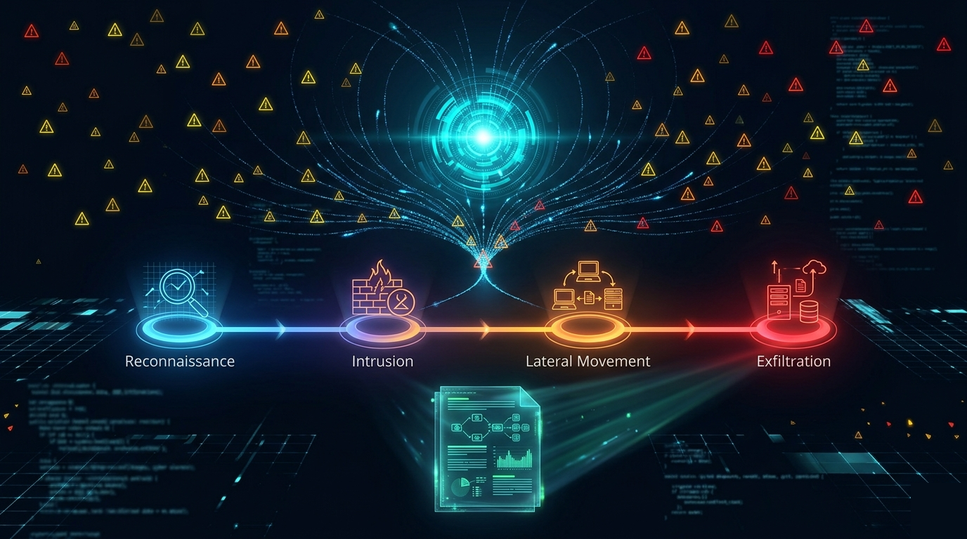 Attack Narratives - Campaign construction showing alerts being correlated into kill chain phases and narratives